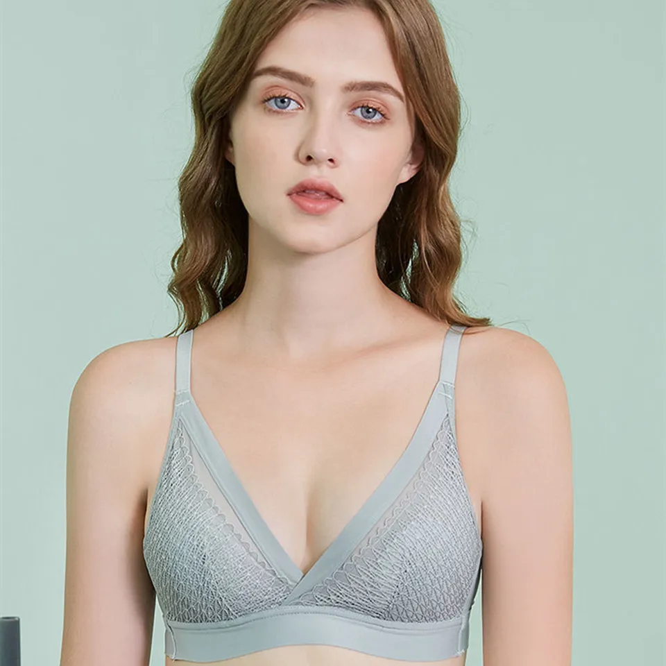 

Plus Size Wireless Bra Ultra Thin Lace Underwear Women Deep V Push Up Bra Without Bones Femme Sexy Transparent Lingerie 2022 New