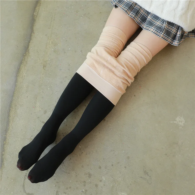 Tights Winter Women's Sock Pants Plus Velvet Fake High Tube Stitching Stockings Upper And Lower Skin Black Thickened Pantyhose