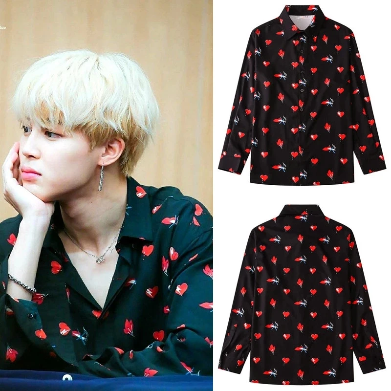 

JIMIN черная рубашка с принтом сердца и цветов, модные весенние топы унисекс с длинным рукавом и отворотами Bangtan Boys 2022 Kpop, Корейская одежда овер...
