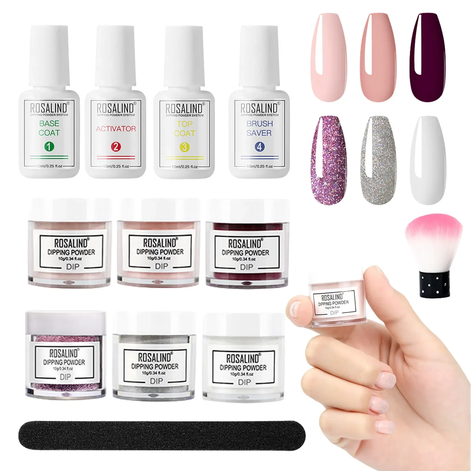 

NEW2023 6pcs Dipping Powder Set With Base Top Coat French White Nude Pink Dip Glitter Powder Pigment For Nail Art Decorations To