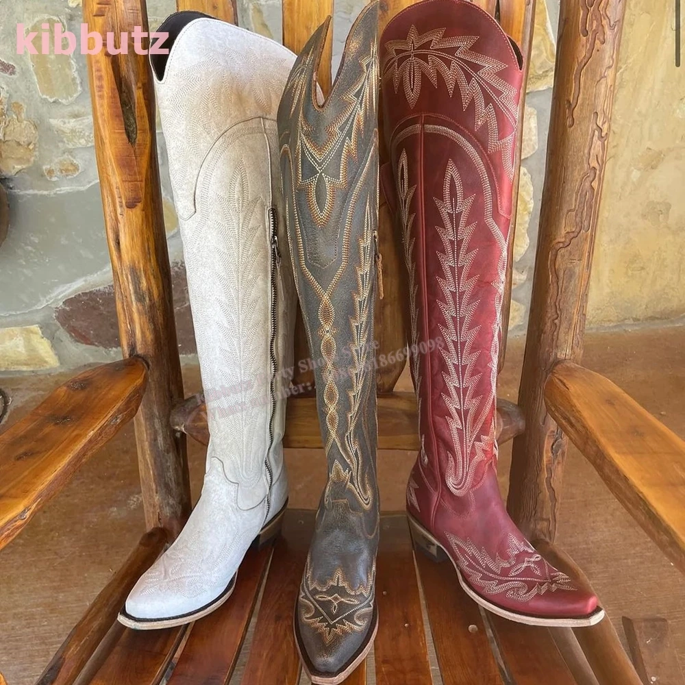 Винтажные Ковбойские Сапоги выше колена с заклепками и вышивкой на шнуровке из