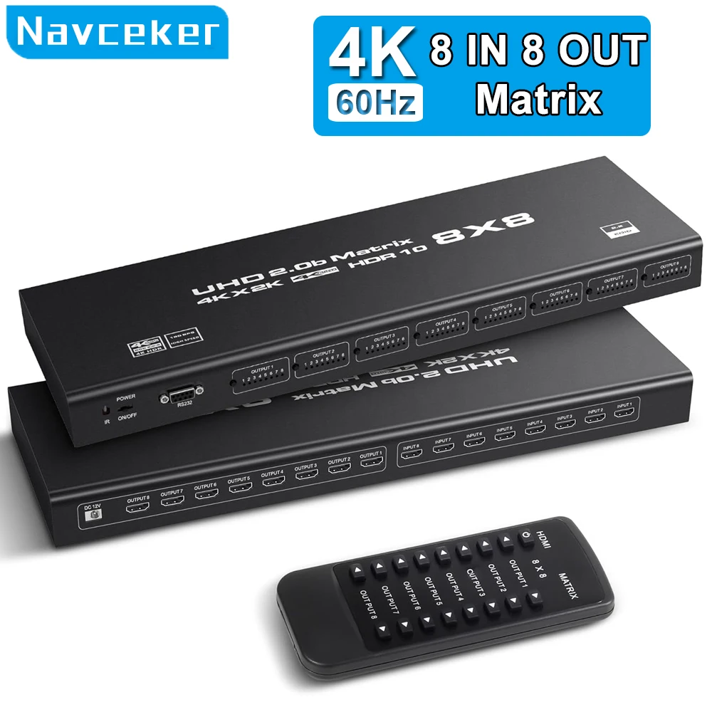 Фото Navceker 4K 60 Гц HDMI Matrix 8x8 Switcher Splitter 8 входов 8 выходов RS232 ИК-пульт дистанционного управления для мониторинга безопасности ЖК-телевизор №1