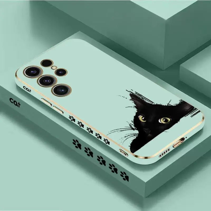 Cold Black Cat  Luxury Plating Phone Case For Samsung Galaxy S23 S22 S21 S10 S9 S8 Plus Note 20 ultra 10 Plus Cover