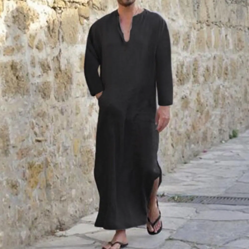 Portable Male Robe Skin-touch Long Shirt V Neck National Costume Men Clothing  Decorate