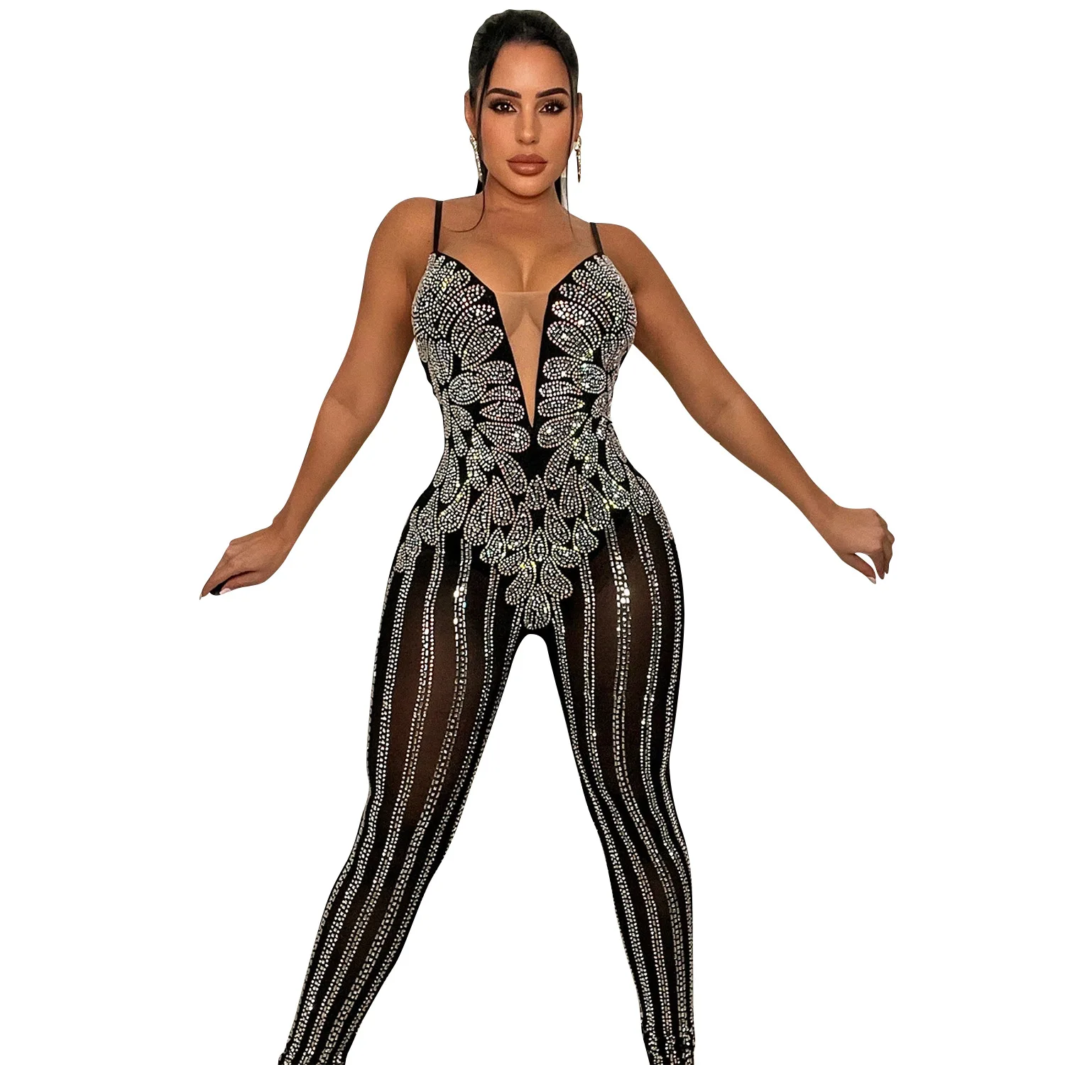 2022 Sexy Rhinestone Crystal Sheer Skinny Jumpsuits Women Strap Mesh Patchwork One Pieces Rompers Night Clubwear Outfits