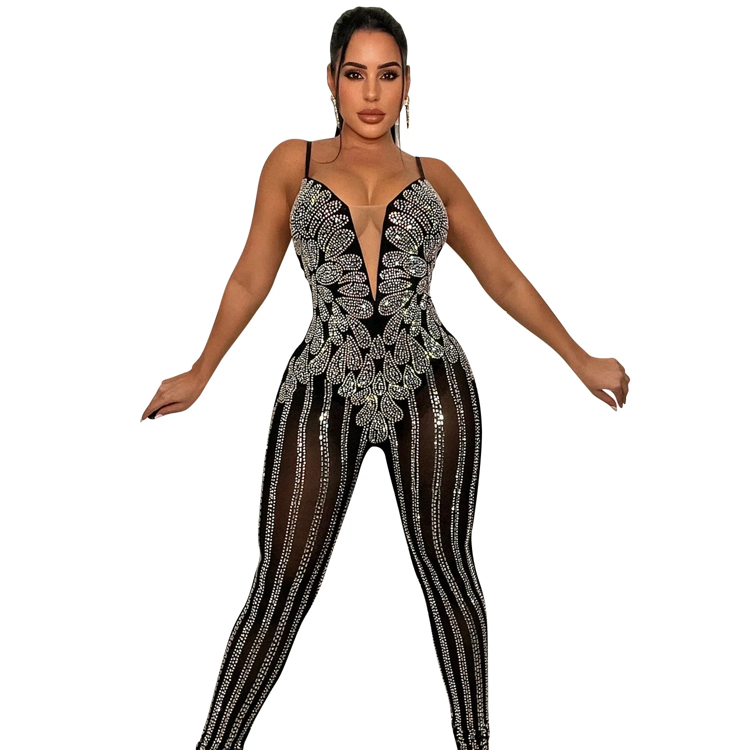 

2022 Sexy Rhinestone Crystal Sheer Skinny Jumpsuits Women Strap Mesh Patchwork One Pieces Rompers Night Clubwear Outfits
