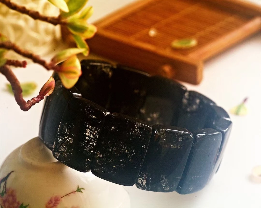 

Natural Black Rutilated Quartz Crystal Clear Rectangle Beads Stretch Bracelet Bangle 25x6mm Women Men Big Size AAAAAA Genuine