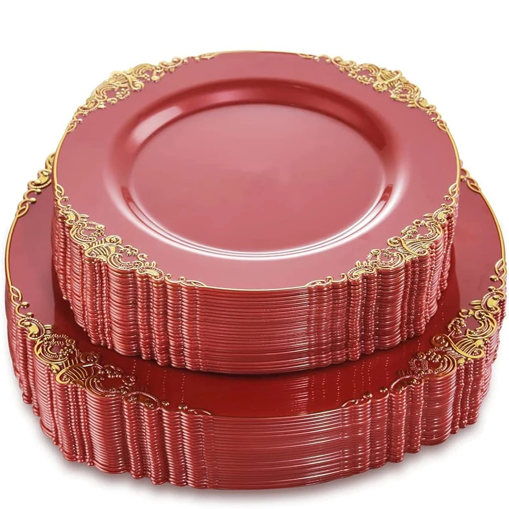 

10 Pieces of Red Plastic Tray 7.5in and 10.25in Disposable Tableware Suitable for Independent Days Parties and Weddings