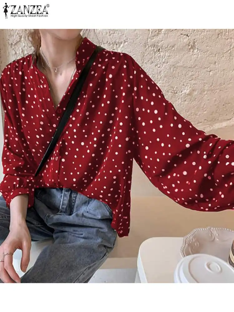 

Блузка ZANZEA с воротником-стойкой, пуговицами и пышными рукавами, осень 2022, Женская корейская модная блузка, офисные элегантные рубашки в горо...