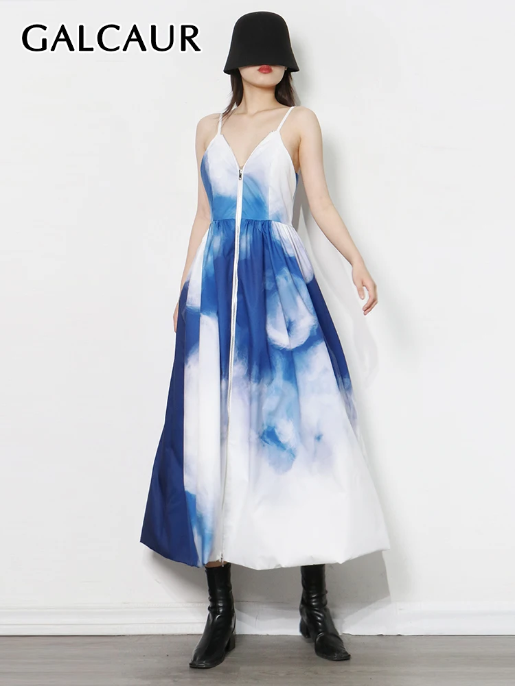 

GALCAUR Casual Tie Dye Colorblock Dress For Women V Neck Sleeveless High Waist Loose Midi Dresses Female Clothing Style Fashion