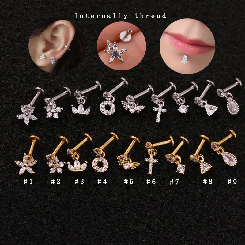 

Biliear 1 Pce Fashion Earrings Women Gold CZ Stainless Steel Spiral Cartilage Pierced Earrings Zircon Lip Stud Pendant Earrings