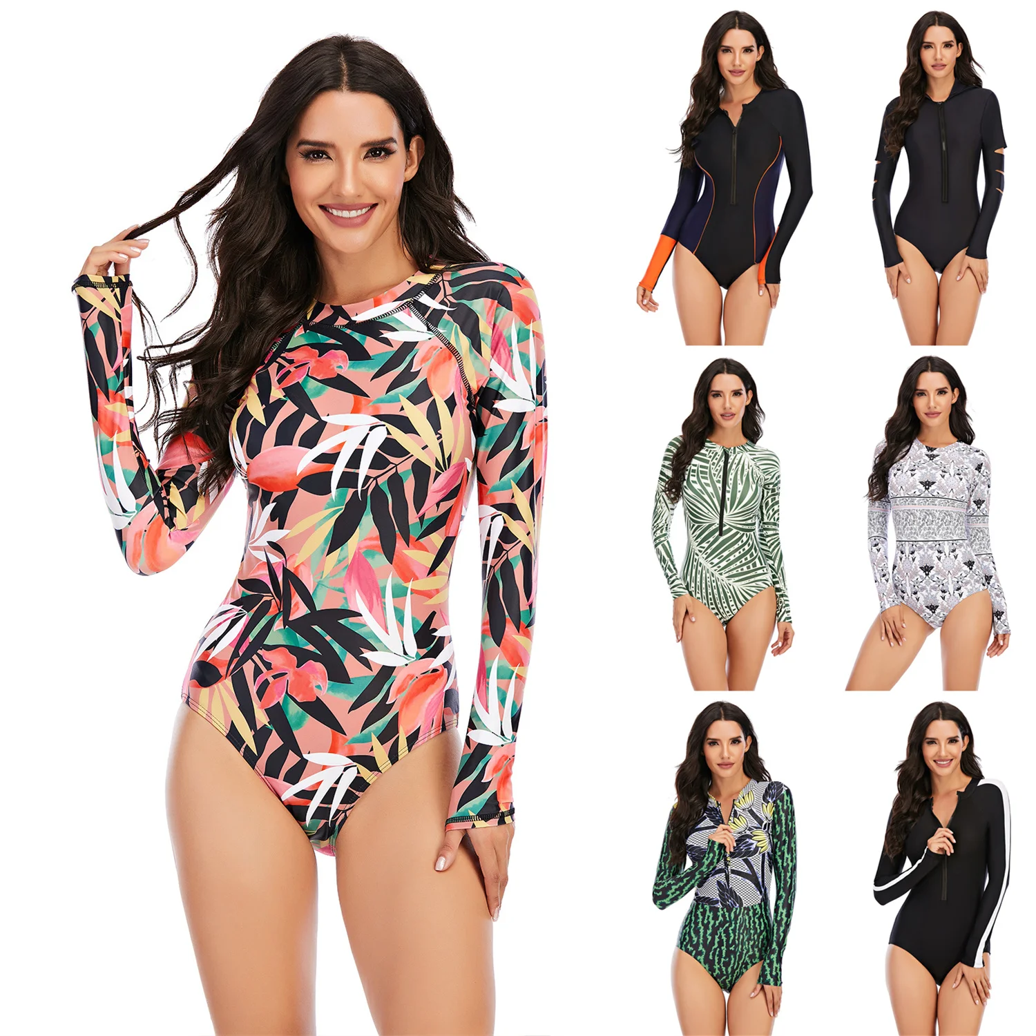 

New Diving Rashguard Women UV Sun Protection Long Sleeve Swimsuit Zipper Swimwear Printed Surfing Suit Rash Guards Bathing Suit