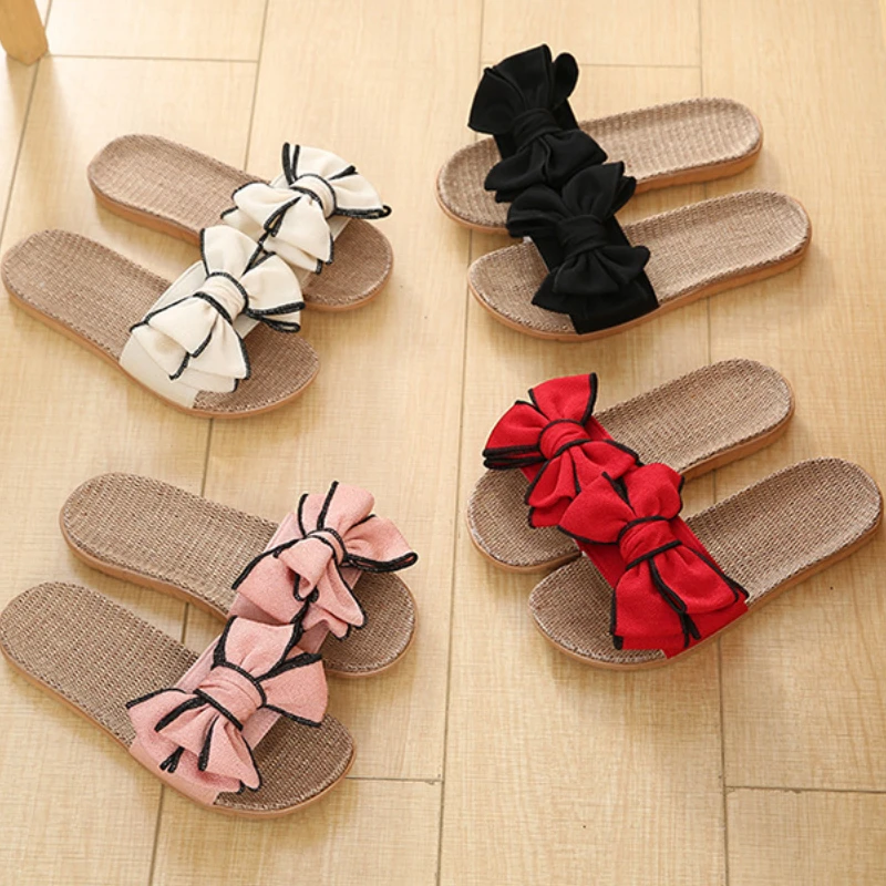 

TBTGOL Women Summer Casual Slides Comfortable Flax Slippers Striped Bow Linen Flip Flops Platform Sandals Ladies Indoor Shoes