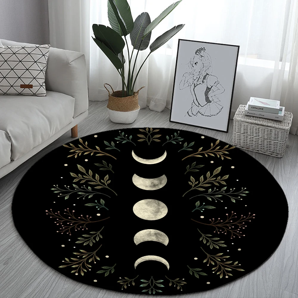 

Black Moon Phase Flower Round Rugs Bee Illustration Sofa Rug Home Living Room Bedroom Bathroom Floor Mats Print Decorate Carpet