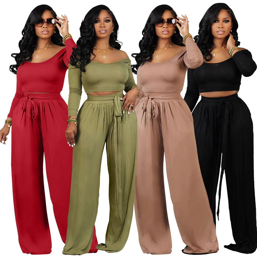 

New Autumn Long Sleeves T Shirt and Pants Women Solid Comfortable Wide Leg Trousers Female Casual Outfits
