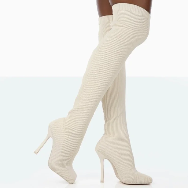 

2023 Socks Boots High Heel New Stiletto Square Toe Boots Knitted Elastic Stovepipe Sleeve Over The Knee Boots Large 35-43