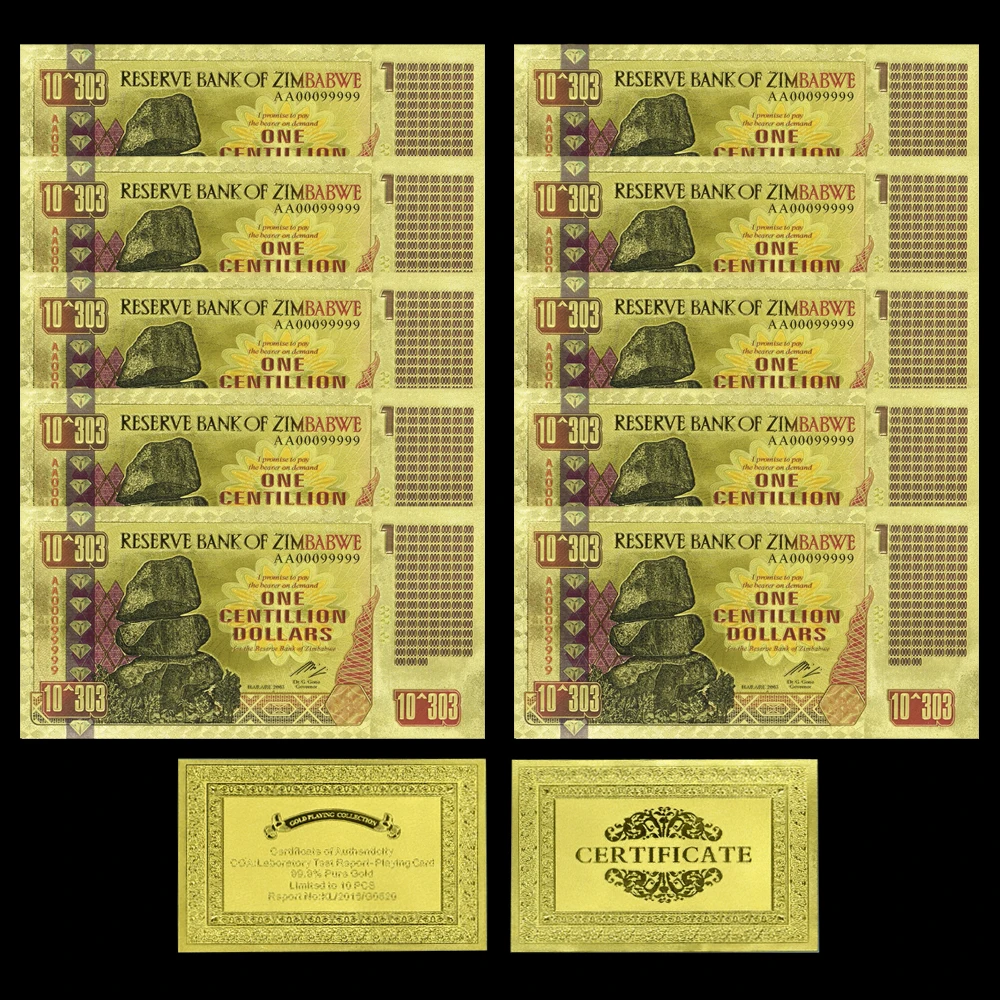 

10pcs/lot New Colorful Gold Plated One Centiillion Dollars Zimbabwe Fake Money Zimbabwe Banknotes Collections Souvenir Gift
