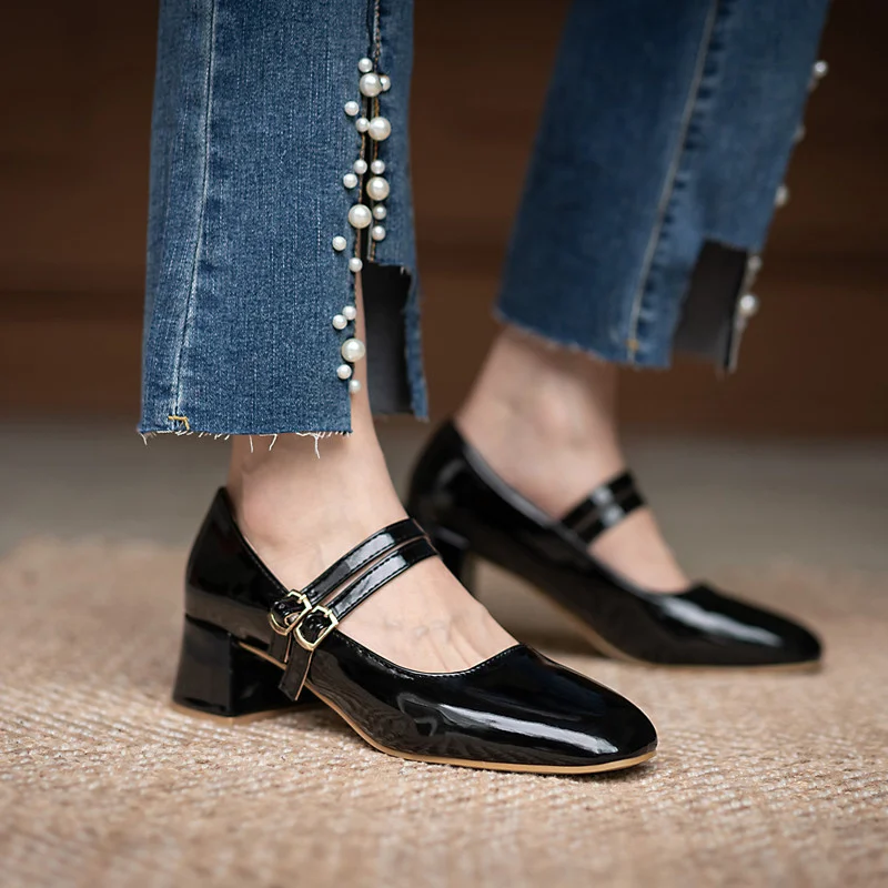 

Туфли женские классические с квадратным носком, туфли-лодочки с двойной пряжкой, каблук средней высоты, офисная обувь, весна-осень