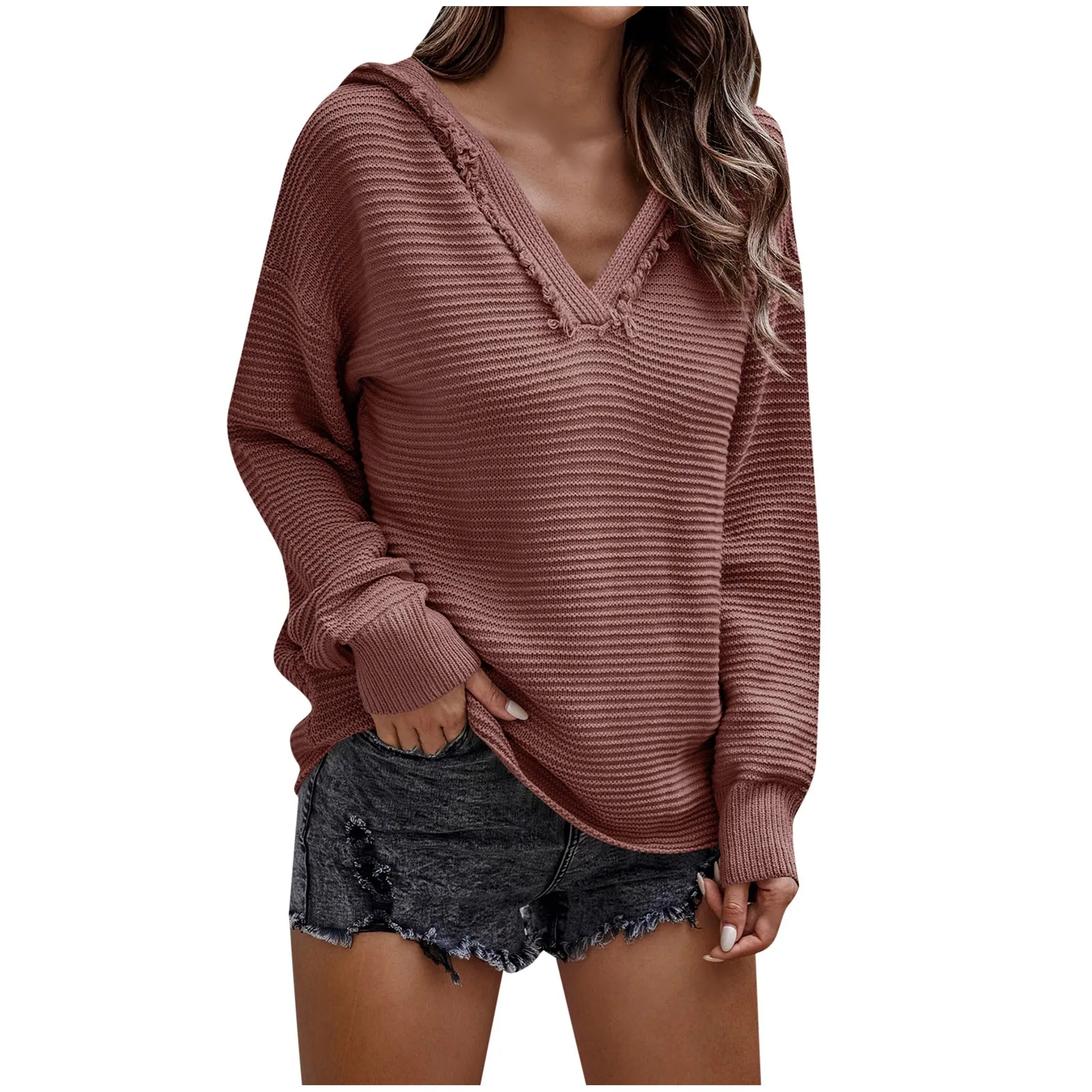 

Long Sleeve Knitwear For Women Winter Sexy V Neck Ribbed Knit Tunic Fall Sweater Pullover Ribbed Tops Hoodie Knit Sweater