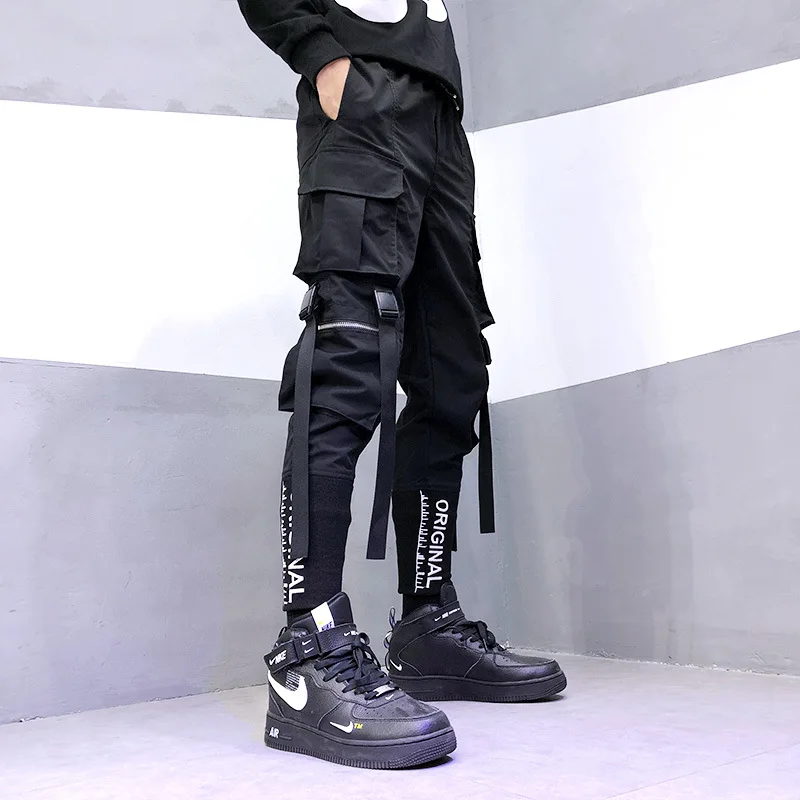 Stylish Japanese Fashion Harajuku Hip Hop Men Pants Streetwear Cargo Pants for Men Ribbon Pockets Joggers Techwear Male Trousers