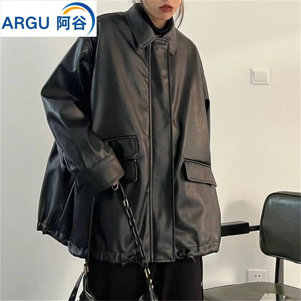 

Американская Мода в этом году, черное пальто из искусственной кожи, Женская Осенняя новая свободная повседневная куртка, топ, куртка для женщин в стиле Харадзюку, 2023