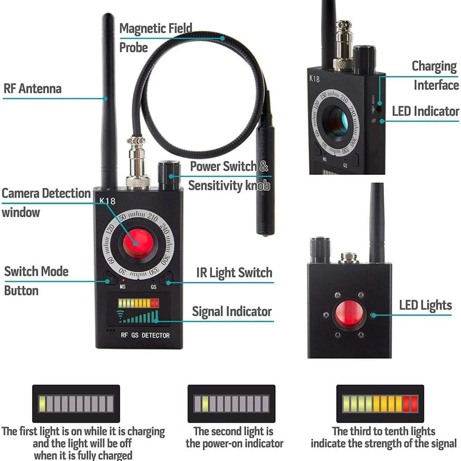 

K18 RF Tracker Camera Anti-Spy Detector GSM Audio Finder Signal Scanner For Multifunctional Detecting Wireless 1MHz-6.5GHz