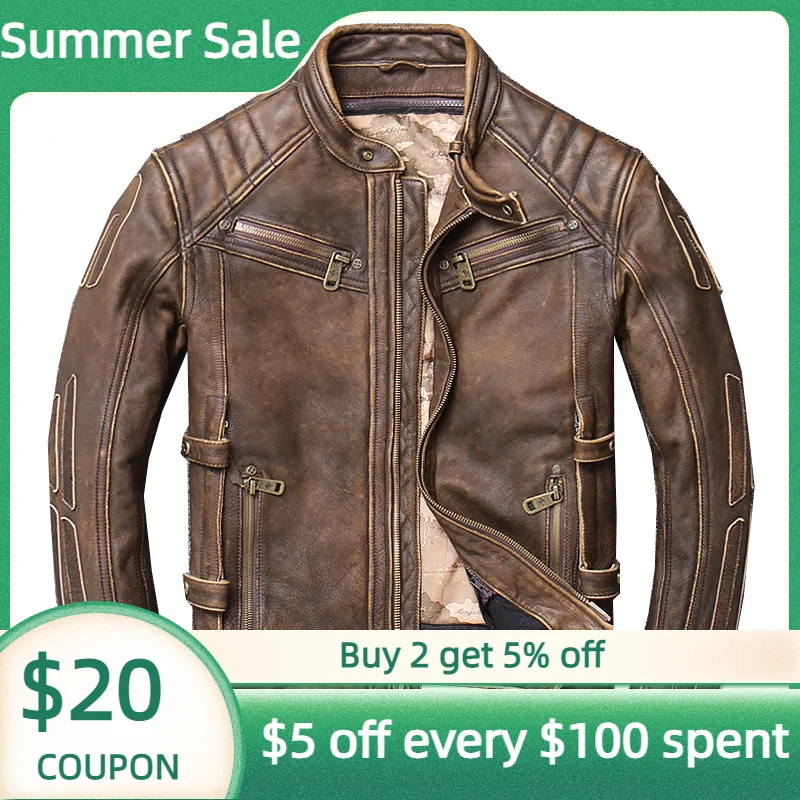 

2022 винтажная коричневая мотоциклетная куртка из натуральной кожи, мужская куртка размера плюс 5XL из натуральной воловьей кожи, зимнее прита...