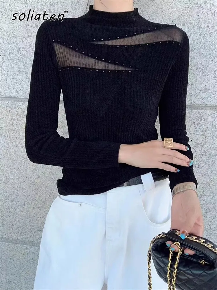 

Autumn and Winter Slim-Fit Mesh Rhinestone Sweater for Woman High-Grade Mock Neck Sweater Knitted Inner Wear Top Female C-300