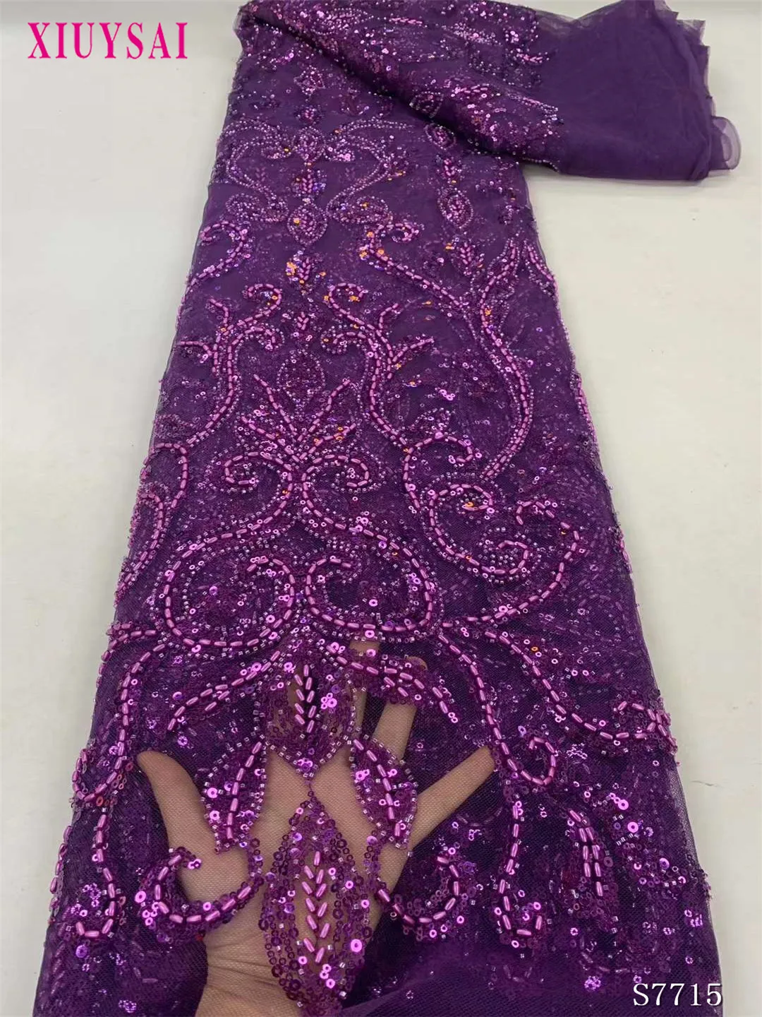 

New arrival Sequins Beads African Lilac Lace Fabric 2023 High Quality French Tulle Net with Sequins For Nigeria Wedding