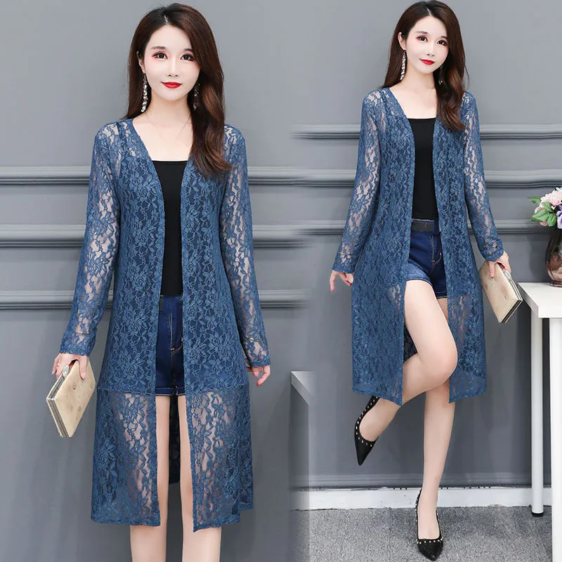 

Spring Summer White Lace Cardigan Women Solid Shawl Long Sleeve Blouse Ladies Tops Coat Slim Sun Protection Shirt Cardigan Q5816