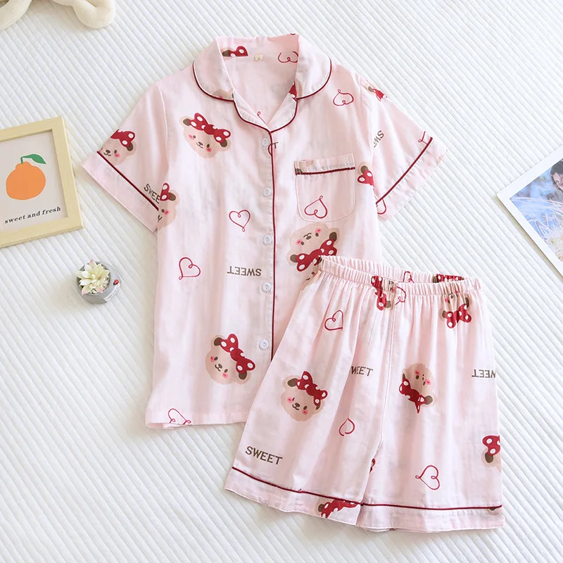 

2022 Summer Pure Cotton Short-sleeved Shorts Cute Couple Homewear Suit Breathable Sweat-absorbing Soft Lovers Two-piece Pajamas