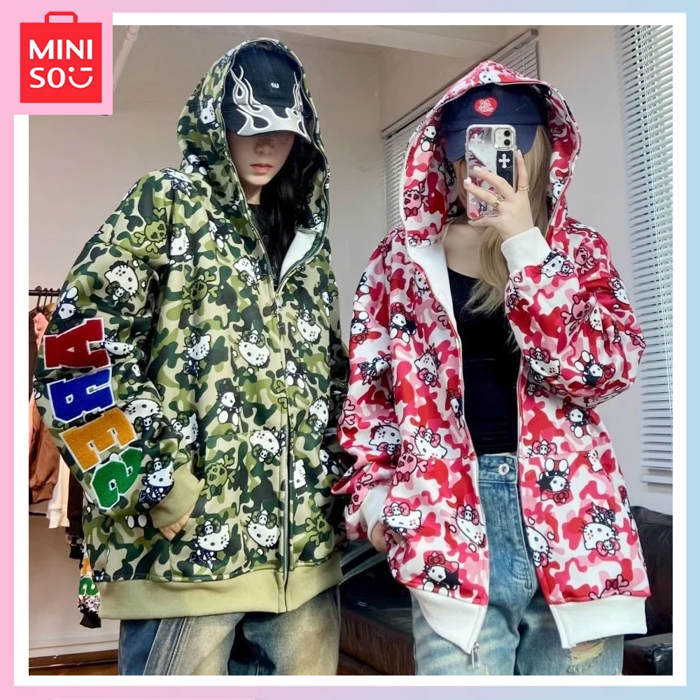

Miniso Sweet Cool Cartoon Hellokitty Pure Cotton Thin Y2K Camouflage Print Hoodie Autumn and Winter New Loose Couple Coat