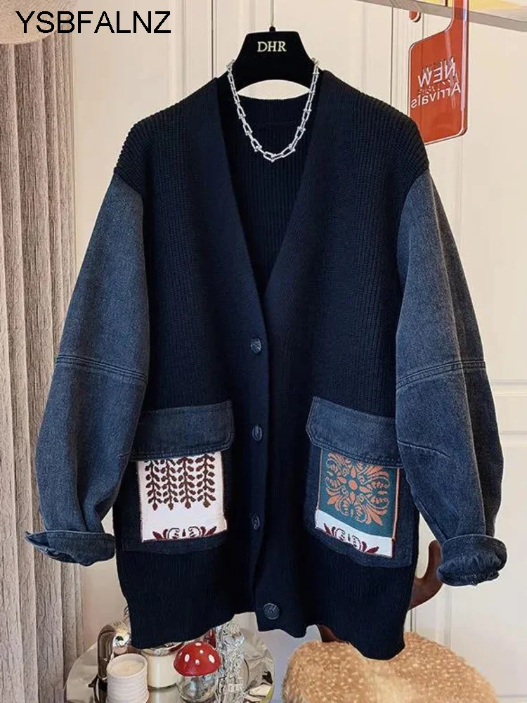 

Женский трикотажный кардиган в стиле ретро, свободная джинсовая куртка с принтом, сезон весна-осень, 2022