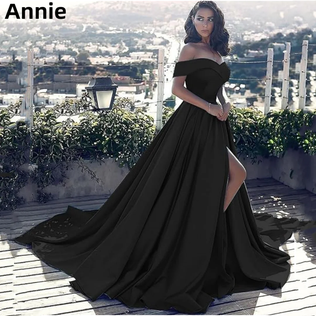 

Annie Black Prom Dresses Luxurious Satin Evening Dress فساتين السهرة Sexy Off-the-shoulder Slit Formal Occasions Party Dresses