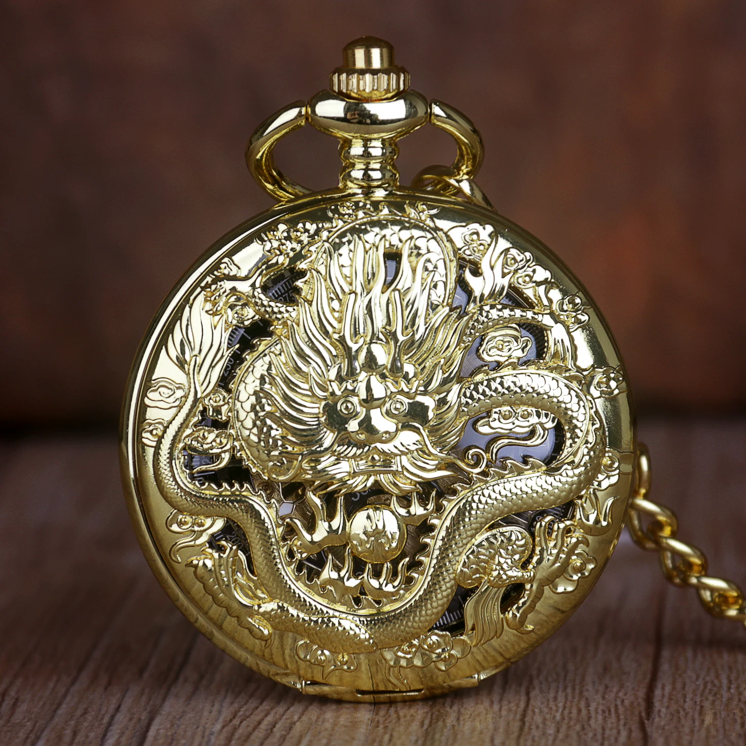Vintage Mechanical Pocket Watch Double Opening Dragon Pattern Engraved Roman Numerals Premium Strap Chain Pendant Men Women Gift