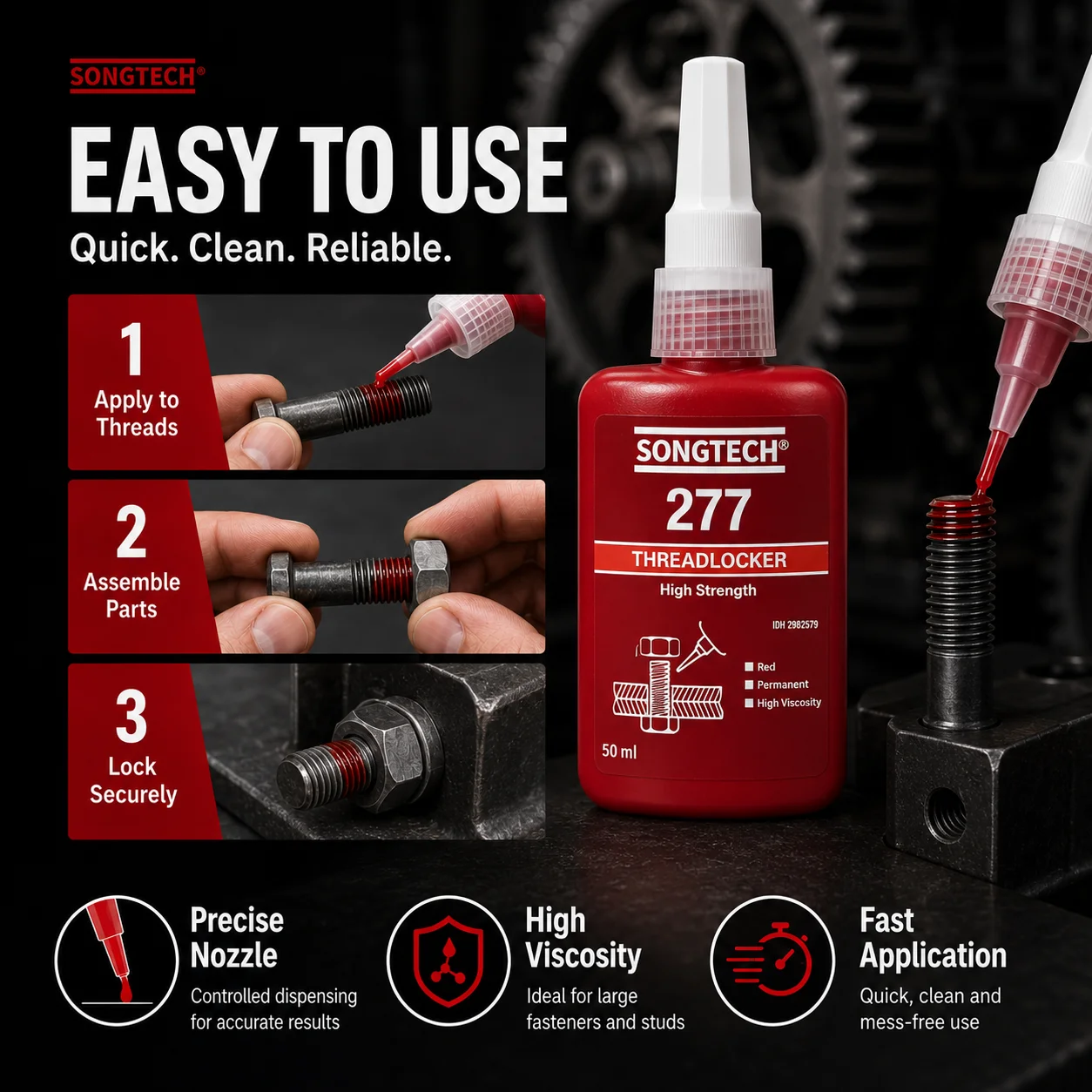 Фото Клей-фиксатор резьбы SongTech Loctite 277, высокопрочный, красный, для крупногабаритных болтов и гаек, для тяжелых металлических соединений №3