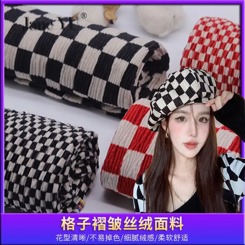 Винтажная красная Шахматная плиссированная бархатная шениль ткань для одежды Diy