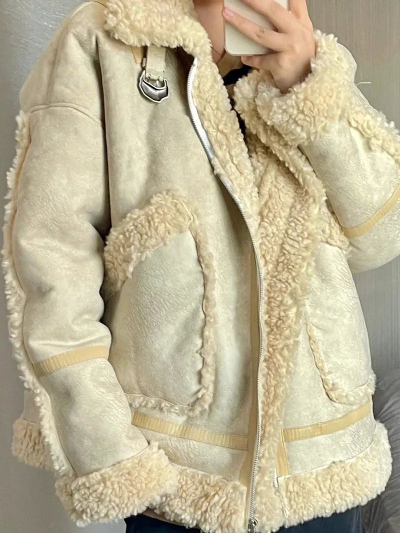 Lamb's wool double-sided jacket women's winter velvet thickened baseball uniform cotton uniform