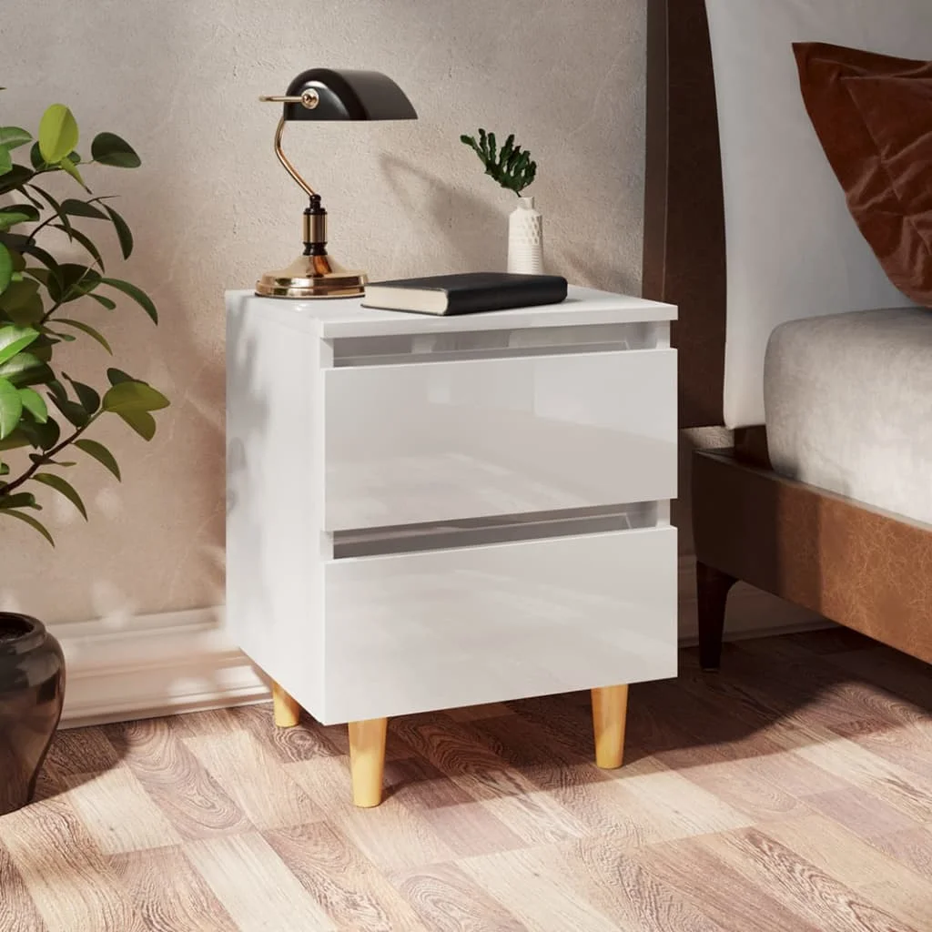 

Bedside Cabinet with Pinewood Legs, Chipboard Nightstands, Side Table, Bedrooms Furniture High Gloss White 40x35x50 cm