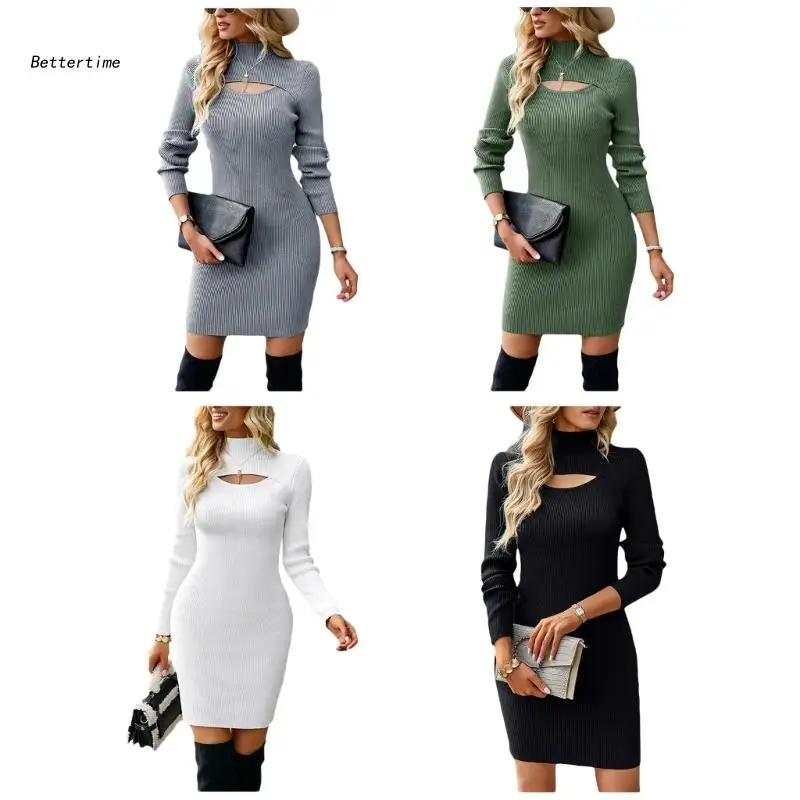 

B36D Women Solid Color Mock Neck Ribbed Knit Cutout Chest Sexy Bodycon Sweater Dress