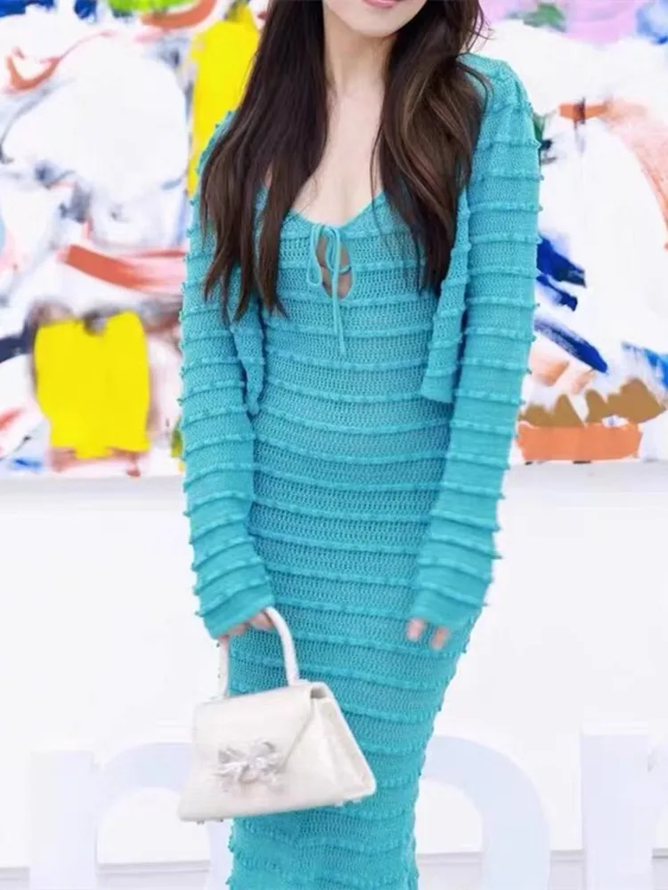 

Women's Wave Pattern Knit Suit Sleeveless Sexy Knitted Trumpet Sling Midi Dress or Lace-up Long Sleeve Short Sweater for Female