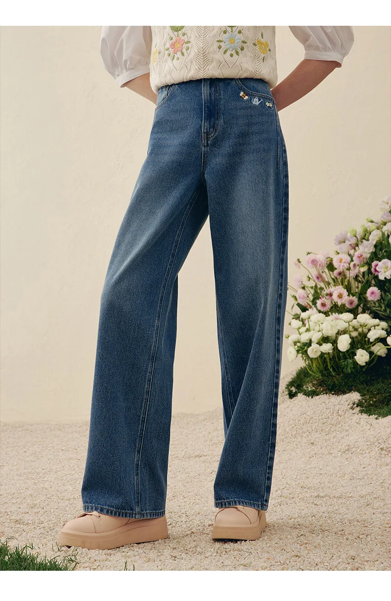 

Blue Color Cartoon Embroidery Women Straight Jeans Pants High Waist Summer Loose Casual Cargo Pants Women