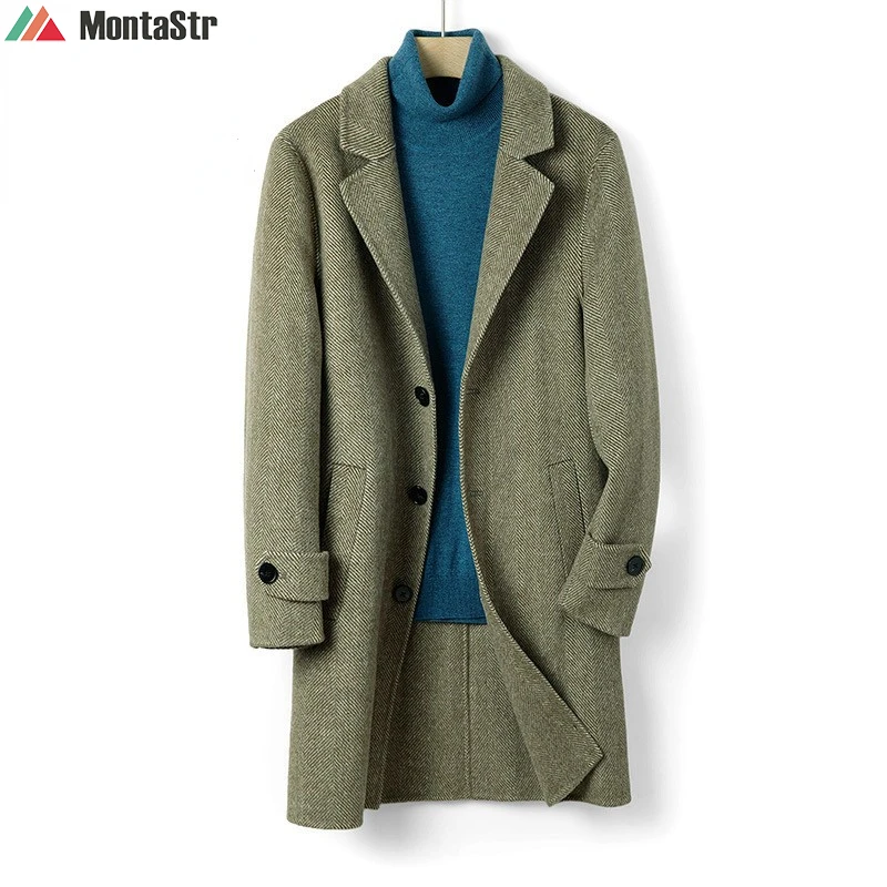 

2022 Luxury Vintage Herringbone Double-faced Woolen Men's Mid-length 100% Woolen Trench Coat Blue Army Green Boy Coat