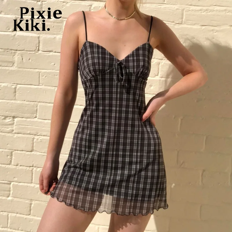 

PixieKiki Black Plaid Mesh Dress Y2k Clothes for Women Summer Cute Sexy Backless Deep V Neck Bodycon Mini Dresses P77-CH25