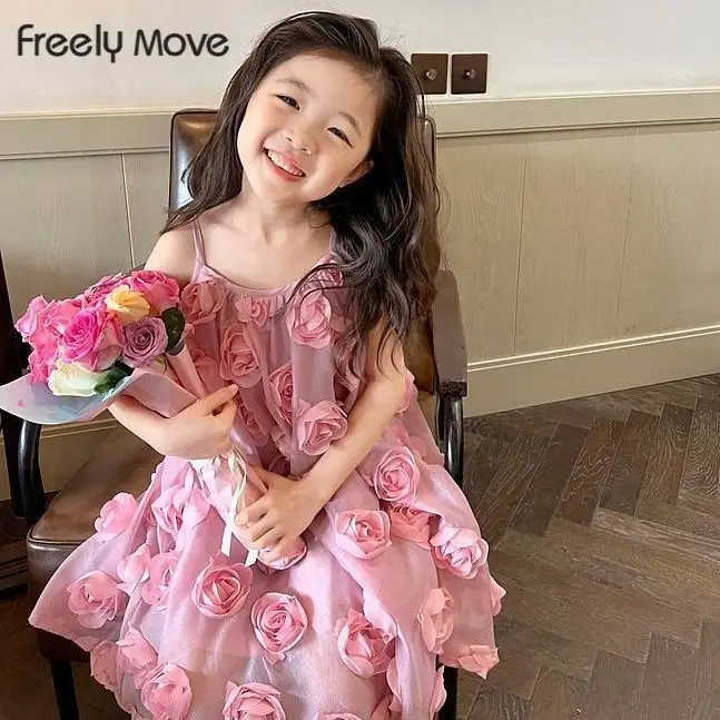 

Freely Move 2022 Summer Baby Girls Rose Flower Princess Dress Solid Korean Style Mesh Kids Straps Dresses Children Clothes