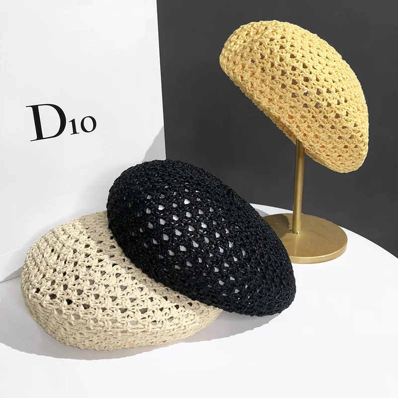 

Fashion Brand Berets For Female Solid Color Hollow Out Handmade Cap Girl Street Casual Vintage Slouchy Painter Beanie Hat Women