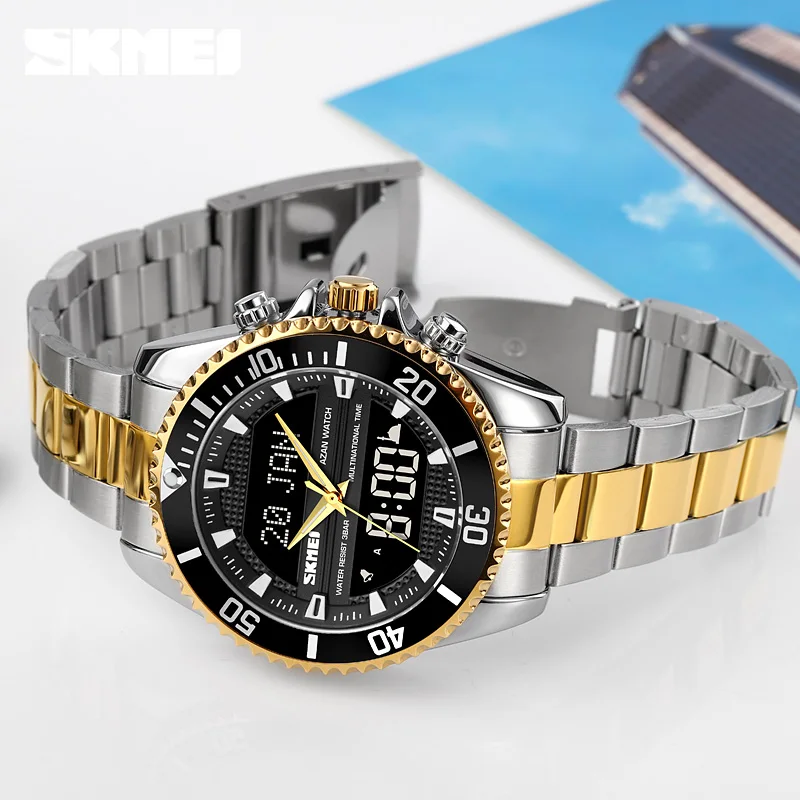 

Часы наручные Skmei мужские электронные, роскошные с двойным временем, из нержавеющей стали, цифровые