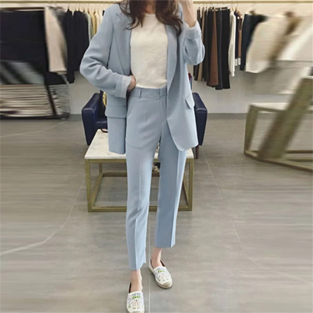 

Casual Women Single Botton Blazer Suits Ol Pants Suit Notched Jackets & Ankle-length Trouser 2-pieces Set Fashion наборы брюки