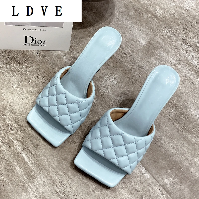 

NEW Sexy PU Diamond Square Head Peep Toe Thin High Heels Slippers Summer Fashion Slip On Slides Women Mules Party Shoes