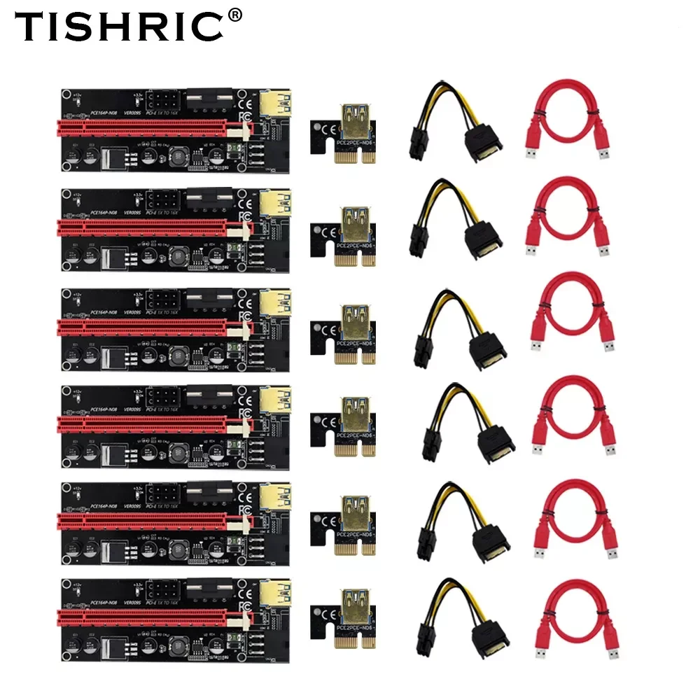 

6pcs TISHRIC gpu PCIE PCI-E Riser 009S card PCI E X16 PCI Express 6Pin to SATA 1X 16X USB3.0 Extender LED For Mining ETH BTC
